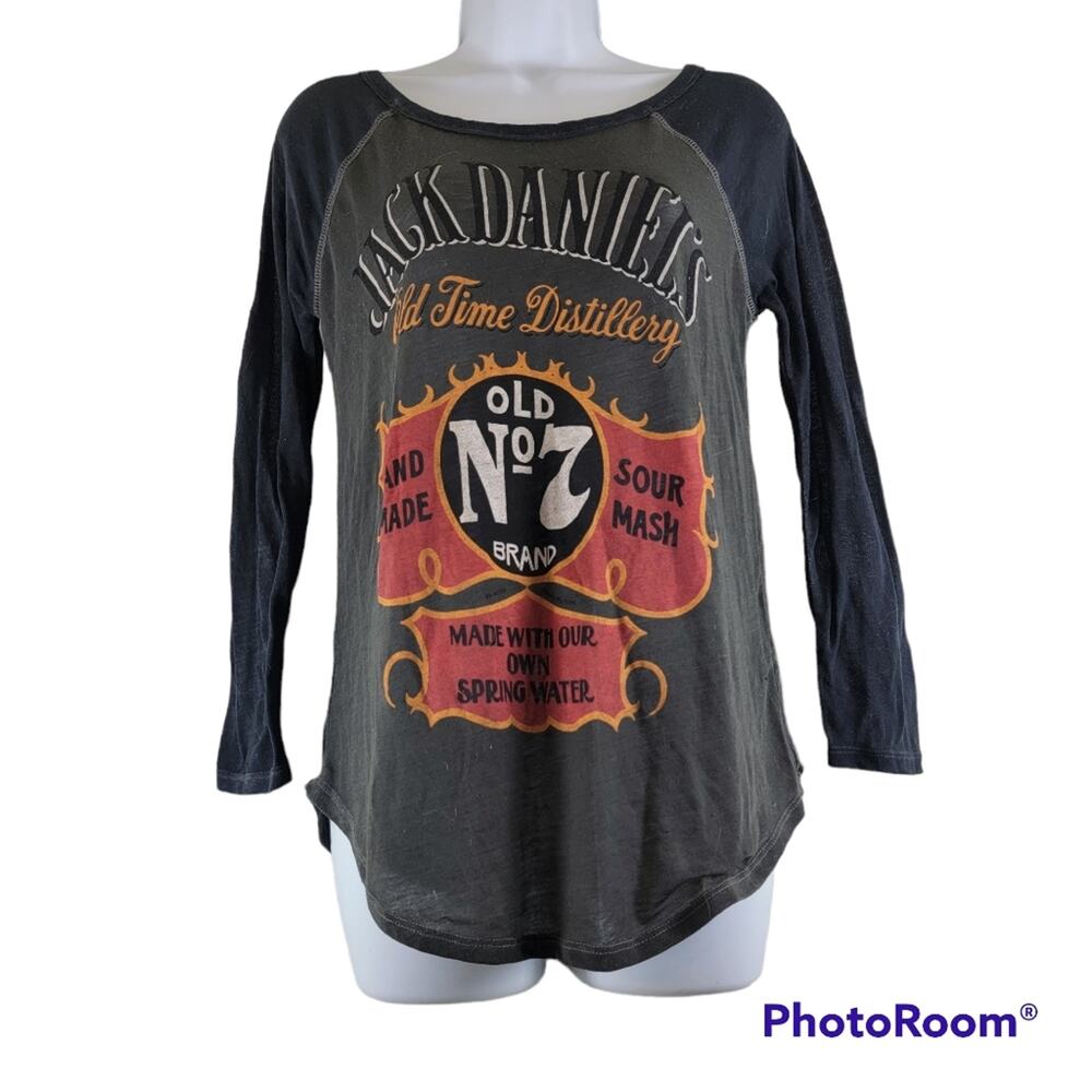 Lucky Brand Jack Daniels Old No. 7 Long Sleeve Grey/Black Burnout Tee Size XS